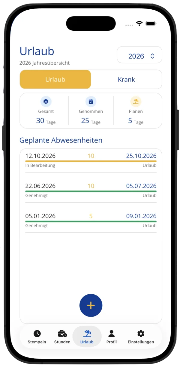 Digitale Urlaubsverwaltung in der mobilen Ab in die Pause App