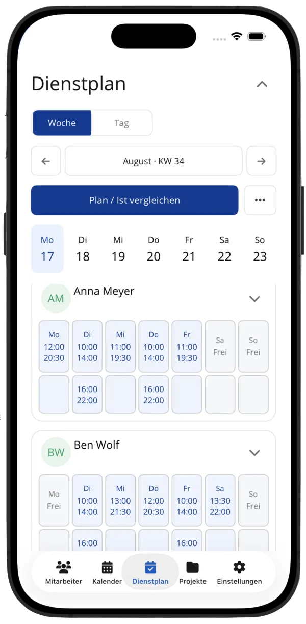 Wöchentlicher Dienstplan in der mobilen App